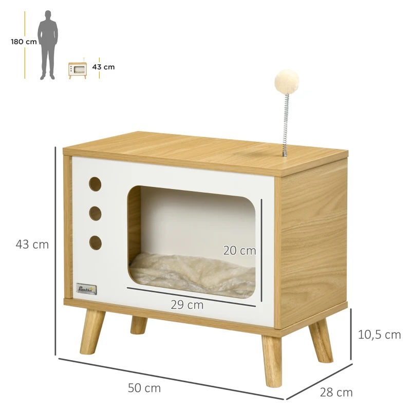 Kattgrotta I TV-design Inklusive Leksak, Tvättbar Kudde, 50 Cm X 28 Cm X 43 Cm, Ek + Beige + Vit 3