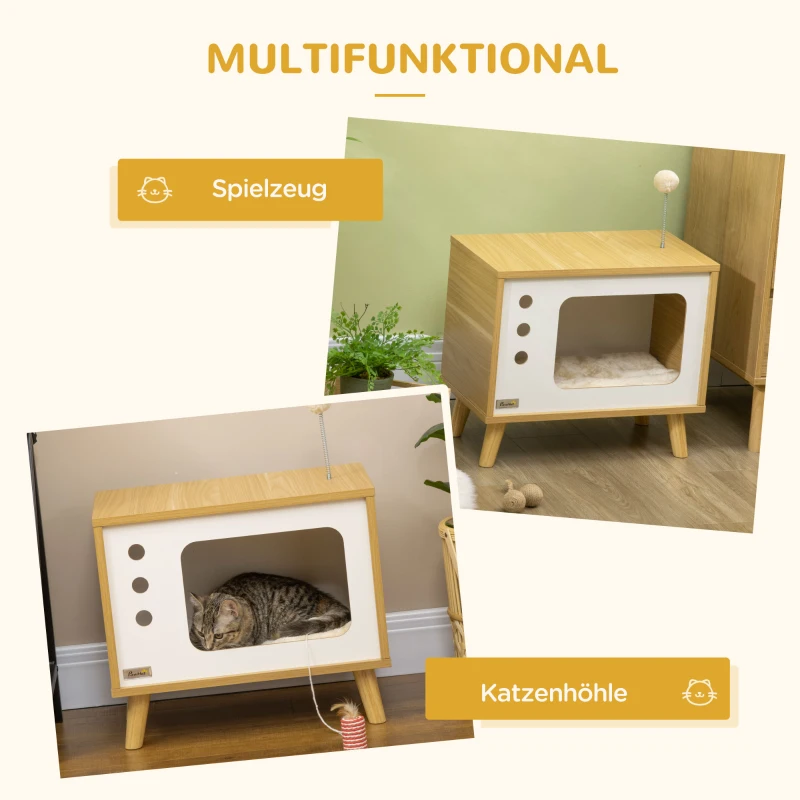 Kattgrotta I TV-design Inklusive Leksak, Tvättbar Kudde, 50 Cm X 28 Cm X 43 Cm, Ek + Beige + Vit 4