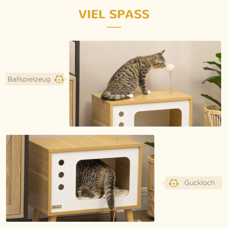 Kattgrotta I TV-design Inklusive Leksak, Tvättbar Kudde, 50 Cm X 28 Cm X 43 Cm, Ek + Beige + Vit 6