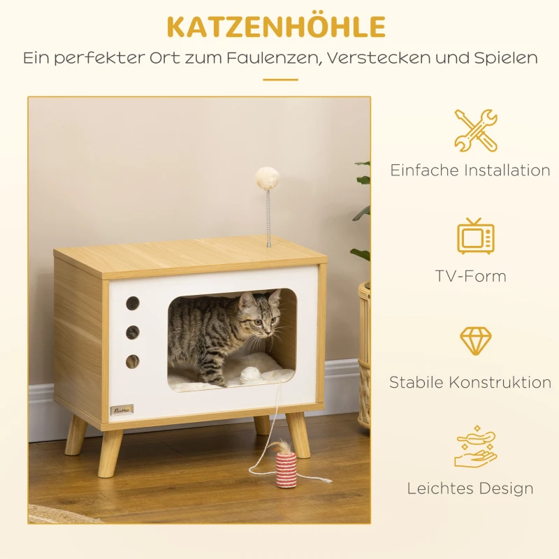 Kattgrotta I TV-design Inklusive Leksak, Tvättbar Kudde, 50 Cm X 28 Cm X 43 Cm, Ek + Beige + Vit 7