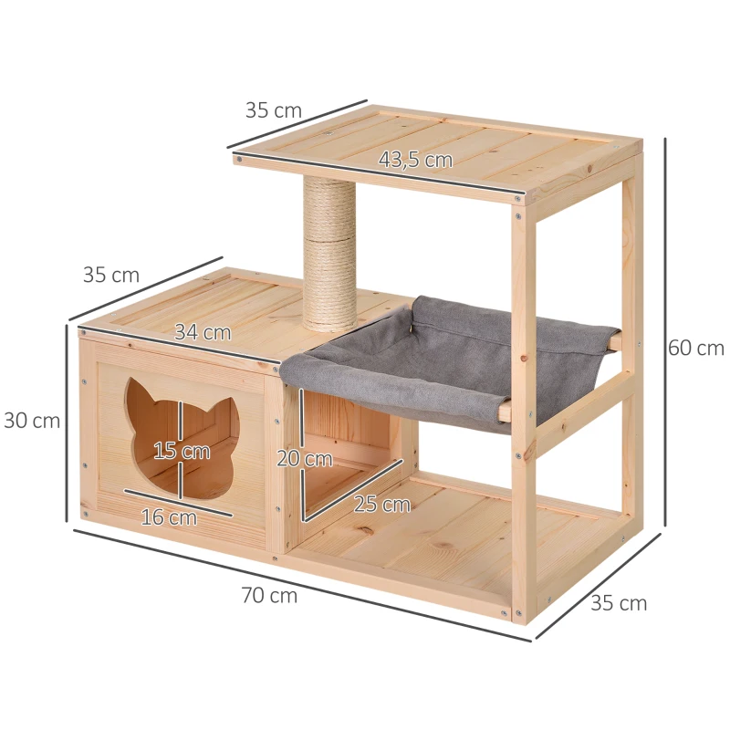 Katthus Med Hängmatta, Kattlåda Med Sisalstam, Kattgrotta, Kattträd, Kattaktivitetscenter, Gran, Naturlig, 70 X 35 X 60 Cm 3