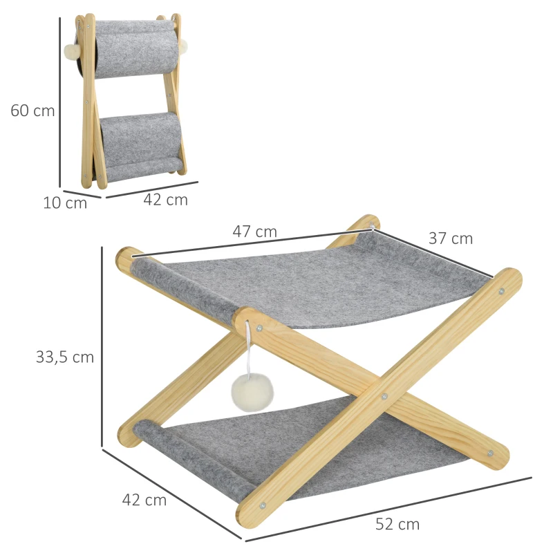 Kattsäng Med Ram 2 Våningar Husdjurssäng Boll Leksak Hopfällbar Hundsäng Inomhus Furu Natur + Grå 52 X 42 X 33,5 Cm 3
