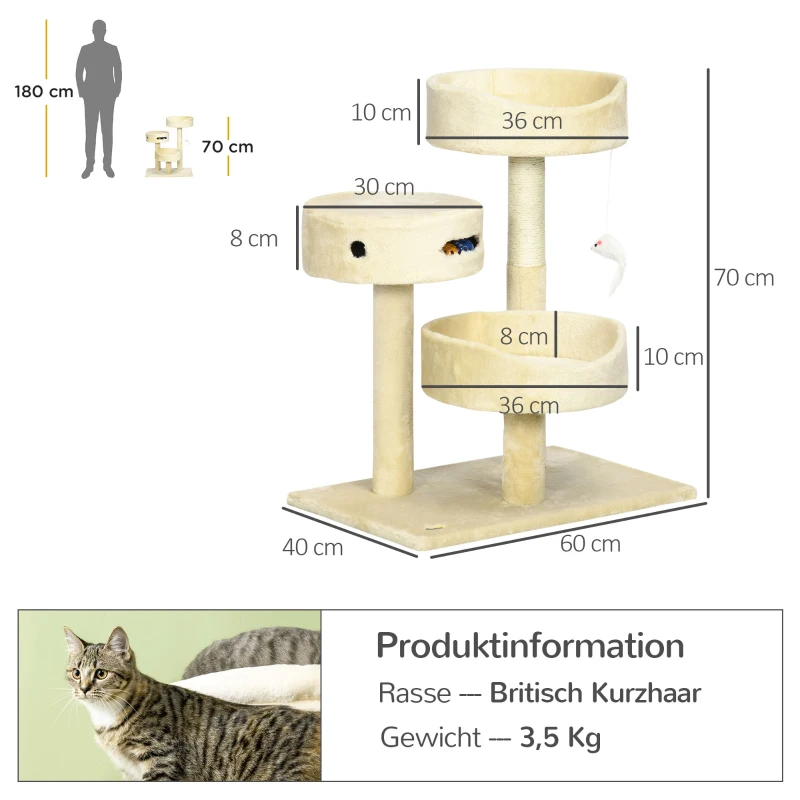 Kattskrapstolpe, 2 Kattsängar, Kattleksaker Och Skrapstolpar, 60 Cm X 40 Cm X 70 Cm, Beige 3