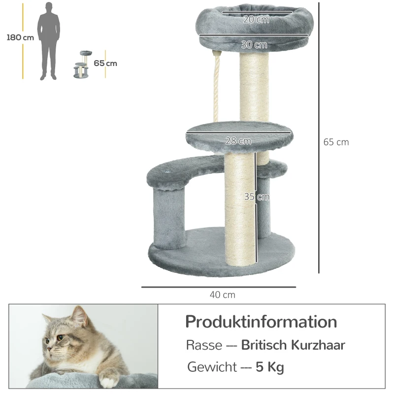 Kattträd Klätterträd Med Hängmatta, 3-vånings Lekträd Med Kattbädd, Kattskrapstolpe Med Sittplattform, Sisalpelare, Grå 40 X H65 Cm 3