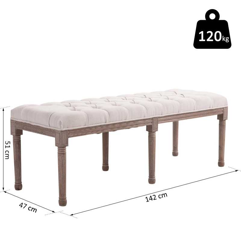 Klädd Bänk Lounge Pall Vintage Retro Med Knappar Linne + Träbeige 142 X 47 X 51 Cm 3