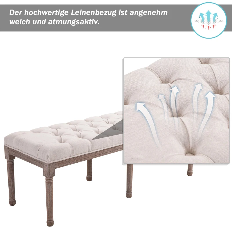 Klädd Bänk Lounge Pall Vintage Retro Med Knappar Linne + Träbeige 142 X 47 X 51 Cm 5