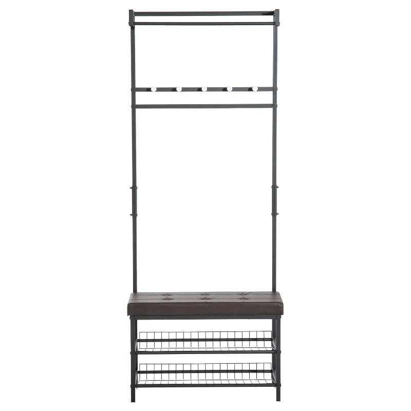 Klädhängare, Klädbänk, Klädhängare, Skohylla Med Sits, Klädhängare Med Sits Och 2 Skohyllor, Metall, 72,5x35x180cm 4