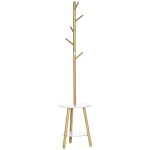 Klädställ Med Sidobord I Scandi Design, 5 Klädkrokar, 39,5 Cm X 39,5 Cm X 171 Cm, Natur + Vit 1