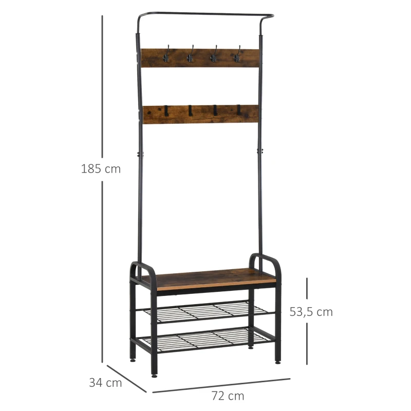 Klädställ, Skoställ, Klädställ Med 8 Krokar, 2 Hyllor, MDF Svart, 72 X 34 X 185 Cm 3