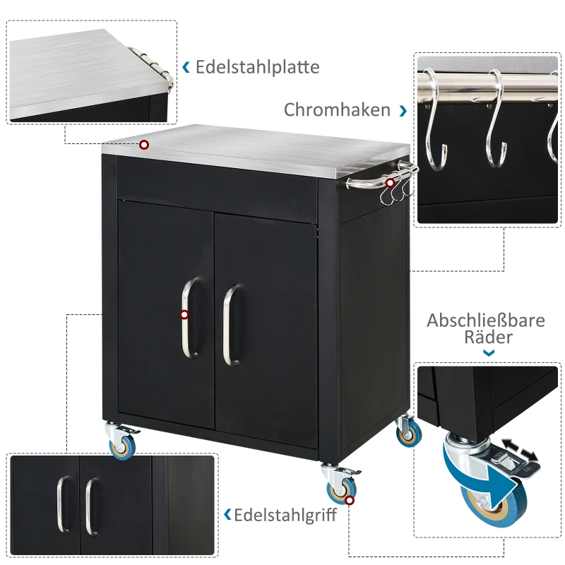 Köksvagn Med Hjul, Serveringsvagn, Vagn Med Skåp, Krokar Och Handtag I Rostfritt Stål, Kökshjälp, Köksvagn, Svart, 86 X 50 X 86,5 Cm 5