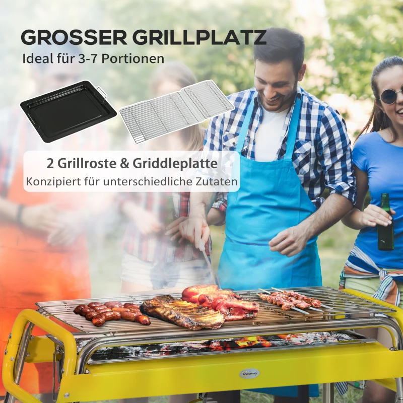 Kolgrill, Hopfällbar Grill, 2 X Grillgaller, Grillplatta, Avtagbar Bricka, Rostfritt Stål, 85 X 43 X 72 Cm, Gul 4