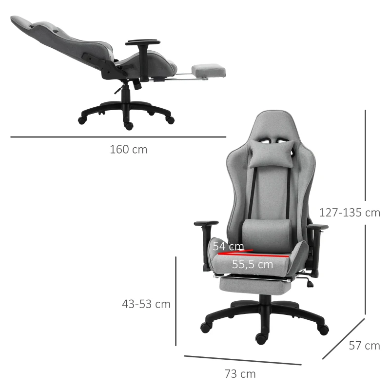 Kontorsstol, Datorstol, Snurrstol Med Avtagbart Huvud Och Svankdyna, Vippfunktion, Ergonomisk Skrivbordsstol, Vridbar, Höj- Och Sänkbar Med Fotstöd PP Grå 73x57x127-135 Cm 3