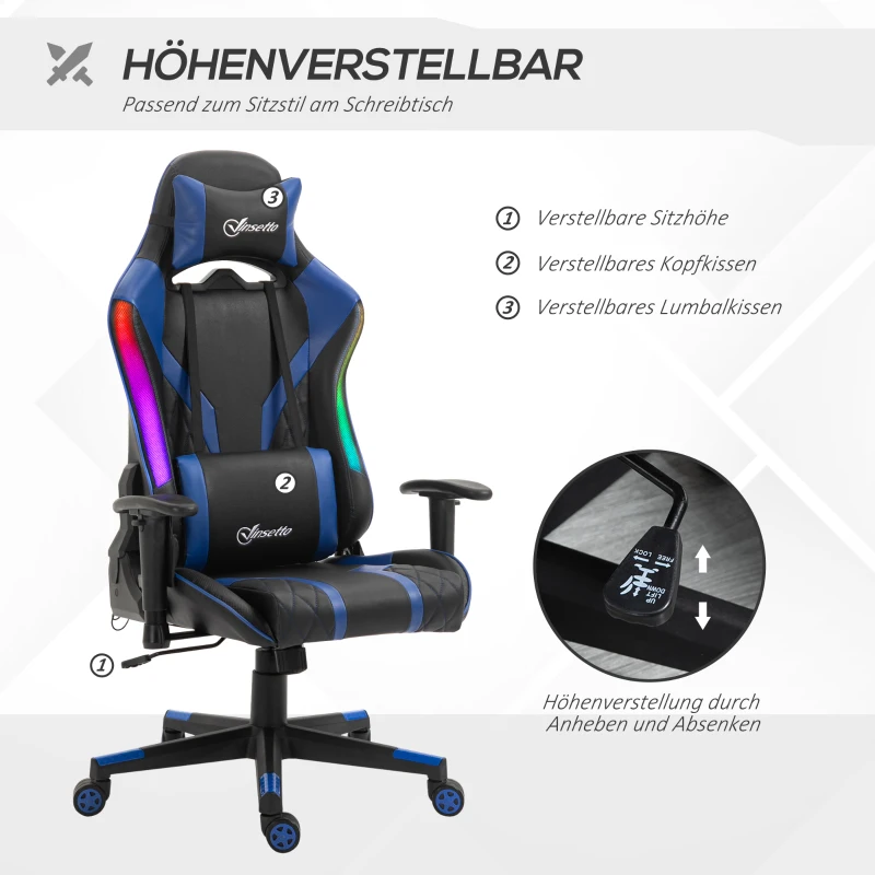 Kontorsstol LED Gaming Stol Med Armstöd, Högt Ryggstöd Och Dyna Ergonomisk Snurrstol Med Fällfunktion Ledstång Lyftbar Konstläder Nylon Svart + Blå 70 X 57,5 ​​x 126-136 Cm 4