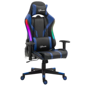 Kontorsstol LED Gaming Stol Med Armstöd, Högt Ryggstöd Och Dyna Ergonomisk Snurrstol Med Fällfunktion Ledstång Lyftbar Konstläder Nylon Svart + Blå 70 X 57,5 ​​x 126-136 Cm 1