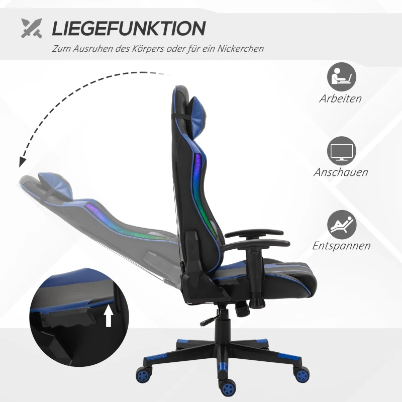 Kontorsstol LED Gaming Stol Med Armstöd, Högt Ryggstöd Och Dyna Ergonomisk Snurrstol Med Fällfunktion Ledstång Lyftbar Konstläder Nylon Svart + Blå 70 X 57,5 ​​x 126-136 Cm 5