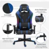 Kontorsstol LED Gaming Stol Med Armstöd, Högt Ryggstöd Och Dyna Ergonomisk Snurrstol Med Fällfunktion Ledstång Lyftbar Konstläder Nylon Svart + Blå 70 X 57,5 ​​x 126-136 Cm 9