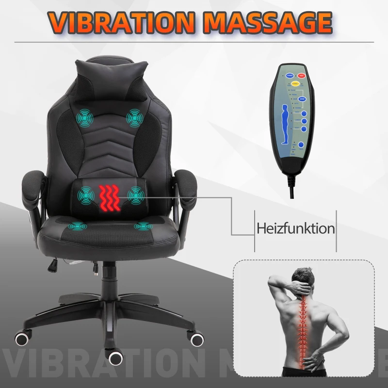 Kontorsstol Massagestol Massagefunktion Med 6 Vibrationspunkter Ergonomisk Spelstol Med Värmefunktion Konstläder Svart 68 X 69 X 108-117cm 4