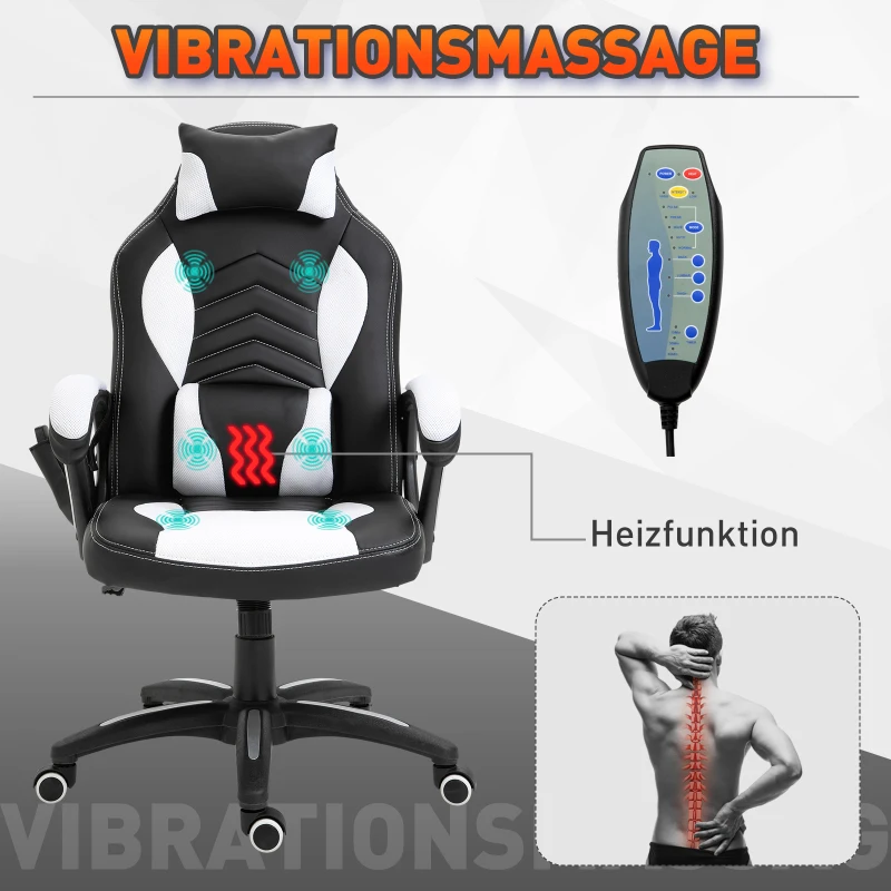 Kontorsstol Massagestol Massagefunktion Med 6 Vibrationspunkter Ergonomisk Spelstol Med Värmefunktion Konstläder Vit 68 X 69 X 108-117cm 4