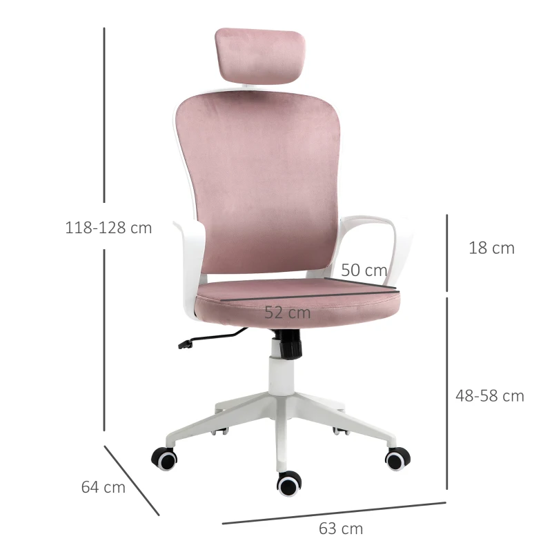 Kontorsstol Med Gungfunktion, Höj- Och Sänkbar Datorstol, Ergonomisk Snurrstol Med Armstöd, Nackstöd, Sammetslook, 63 X 64 X 118-128 Cm, Rosa 3