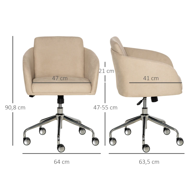 Kontorsstol Medelhög Skrivbordsstol Snurrstol Ergonomisk Datorstol Höjdjusterbar Sammet Touch Metall Beige 64 X 63,5 X 90,8 Cm 3