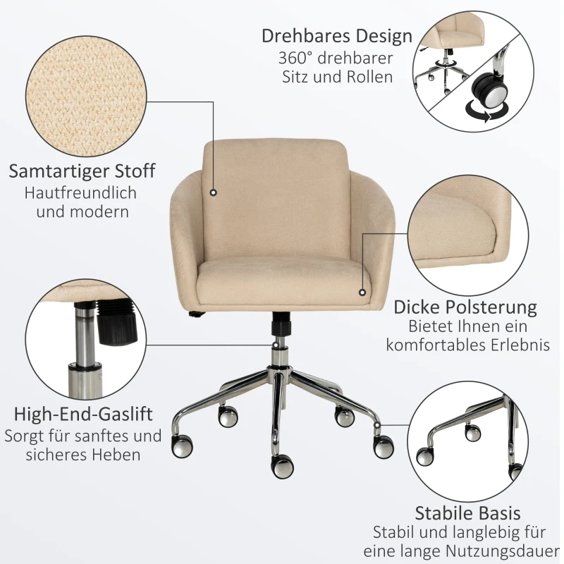 Kontorsstol Medelhög Skrivbordsstol Snurrstol Ergonomisk Datorstol Höjdjusterbar Sammet Touch Metall Beige 64 X 63,5 X 90,8 Cm 6