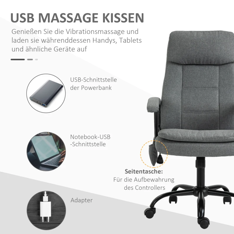 Kontorsstolsmassage Höjdjusterbar Chefsstol Gamingstol Med Massagefunktion, Ergonomisk Snurrstol Massagestol Ländryggsmassage Linne Känns Grå 63 X 70 X 112-121 Cm 4