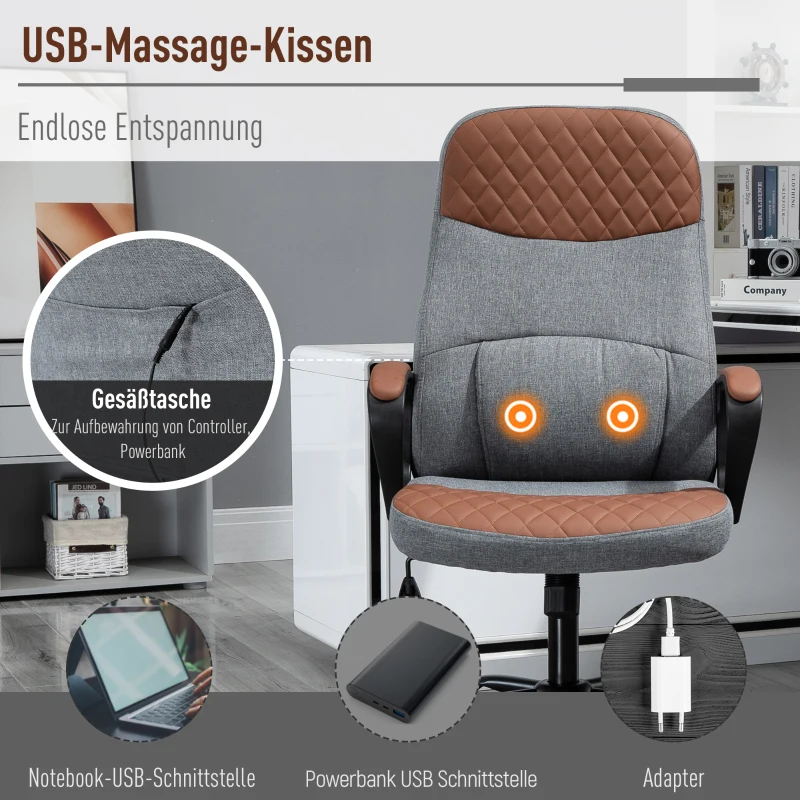 Kontorsstolsmassage Höjdjusterbar Chefsstol Gamingstol Med Massagefunktion Ergonomisk Snurrstol Massagestol PU-läder Stålgrå + Brun 60 X 70 X 109-119 Cm 4