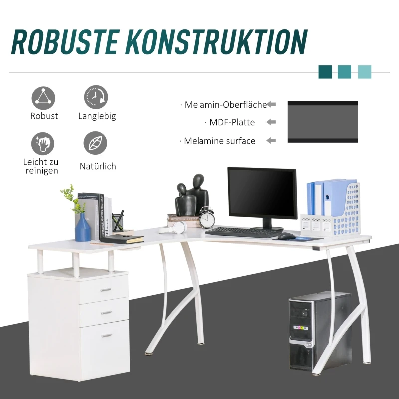 L-format Skrivbord Med Lådor Av MDF-metall Hemmakontor Hörn Arbetsplats Industriell Stil, Vit 143,5 X 143,5 X 76 Cm 5