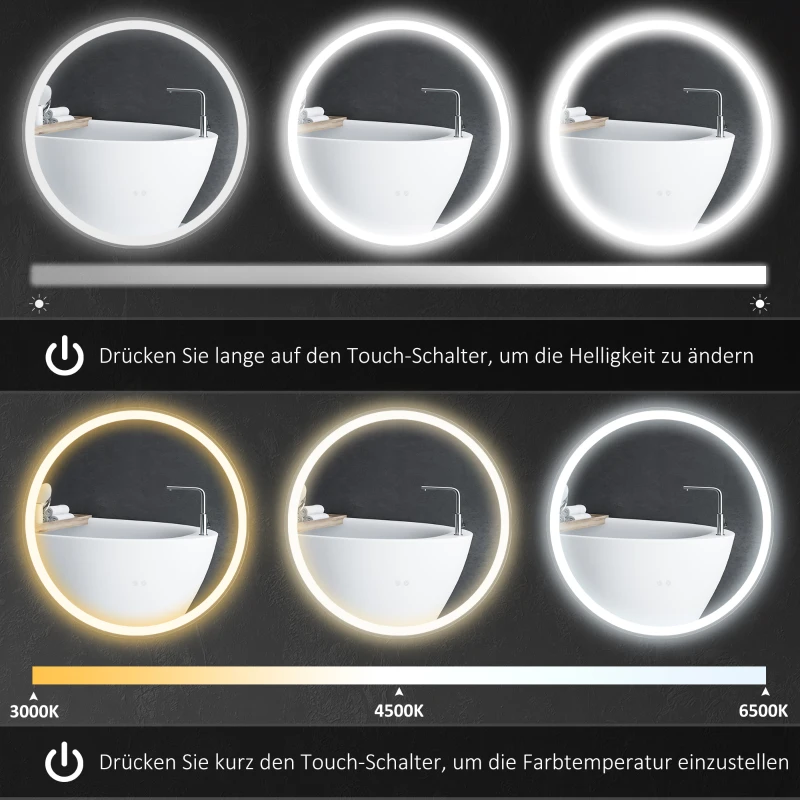 LED Badrumsspegel, Rund, Pekfunktion, Minnesfunktion, Ingen Imma, Aluminiumram, 60 X 60 Cm 5