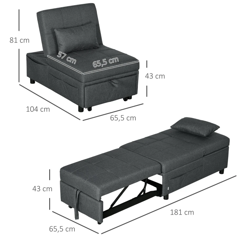 Liggstol Sovstol 3-i-1 Fåtölj, Linnelook, Inklusive Kuddar, 65,5 Cm X 104 Cm X 81 Cm, Mörkgrå 3