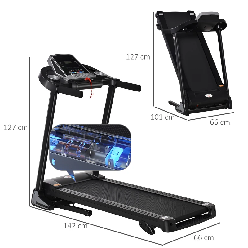 Löpband Hopfällbar Elektrisk 500W 1-12,8 Km/h Med LED Display Mugghållare Och Mobiltelefonhållare För Home Gym Indoor Fitness Stål ABS Svart + Grå 142 X 66 X 127 Cm 3