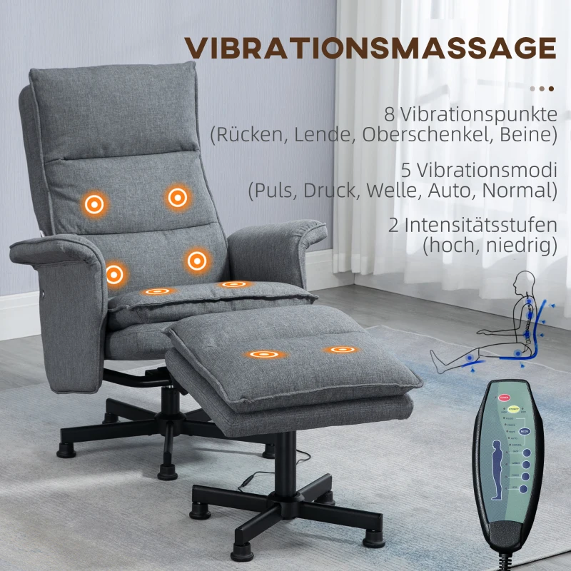 Massagekontorsstol Med Fotpall, 8 Vibrationshuvuden, 1 Fjärrkontroll, 1 Sidficka, Grå 4