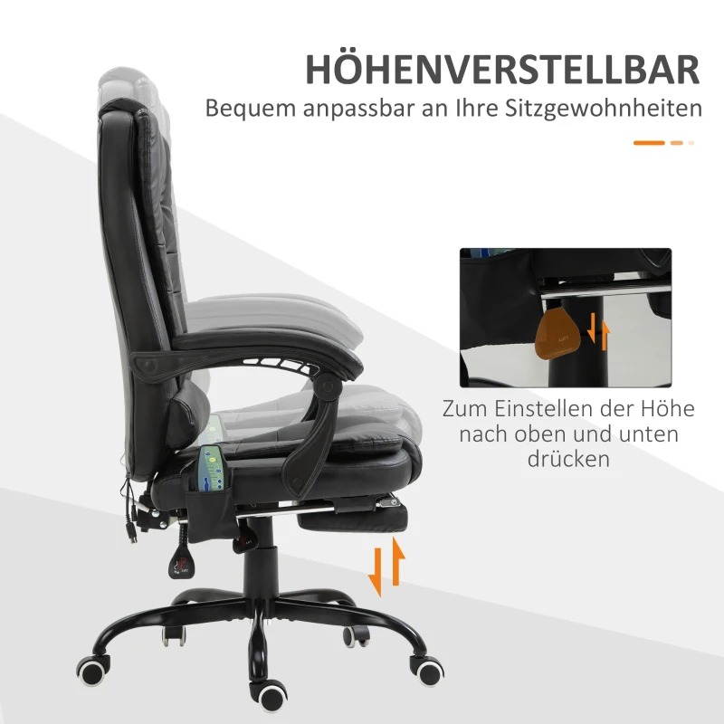 Massagestol, Chefsstol Med 7 Massagepunkter, Höj- Och Sänkbar Snurrstol Med Integrerat Fotstöd, Ryggstoppning, Skum, Metall, PVC, Svart, 67 X 79 X 111-121 Cm 6