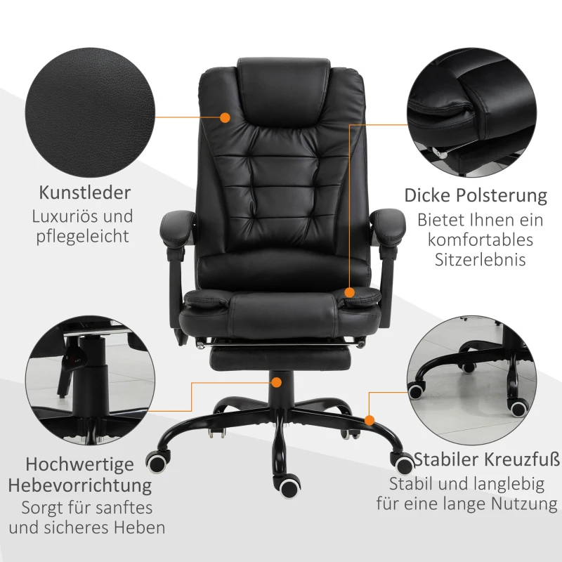 Massagestol, Chefsstol Med 7 Massagepunkter, Höj- Och Sänkbar Snurrstol Med Integrerat Fotstöd, Ryggstoppning, Skum, Metall, PVC, Svart, 67 X 79 X 111-121 Cm 7