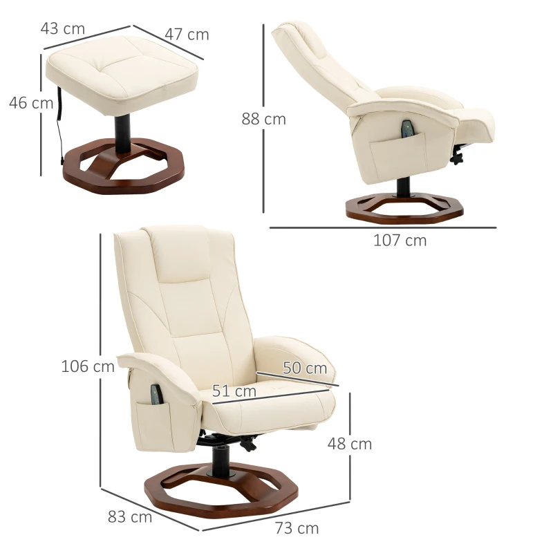 Massagestol, Med Fotpall, 10 Massagepunkter, Liggfunktion, Roterande Sits, Krämvit, 73 X 83 X 106cm 3