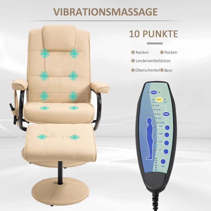 Massagestol Med Pall, Roterande Avslappningsstol Med Massagefunktion, Elektrisk TV-stol Med Liggfunktion, Fjärrkontroll För Vardagsrum, Konstläder, Kräm 4