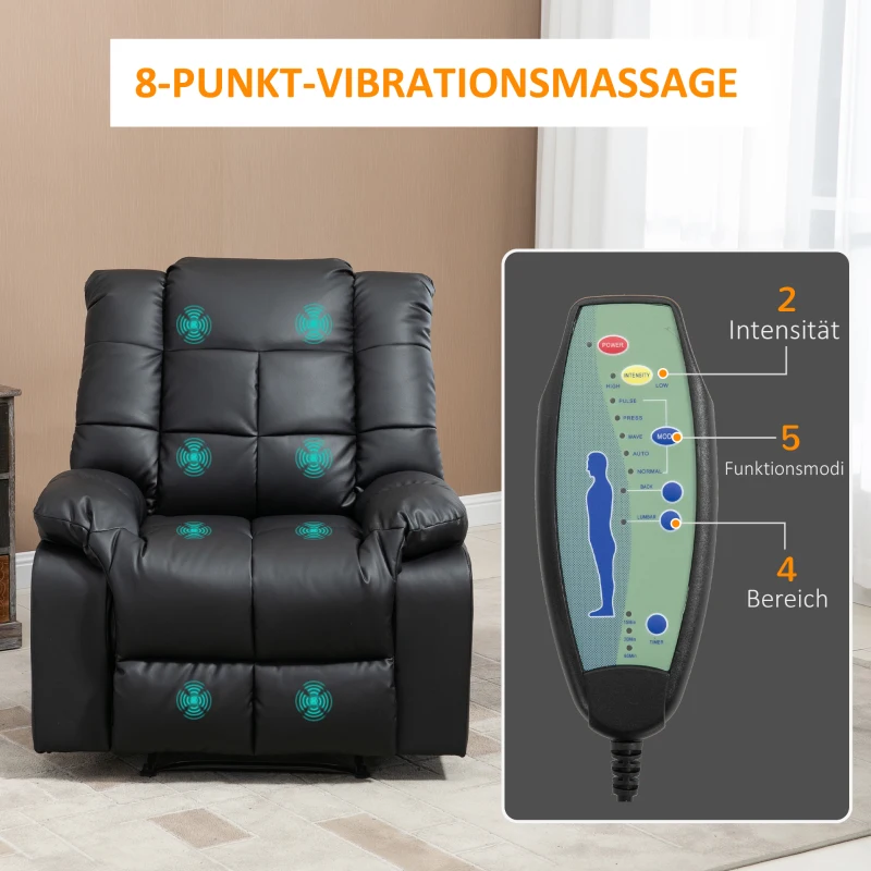 Massagestol, Relaxstol, 8 Vibrationspunkter, Liggfunktion, Konstläder, Svart, 94x99x99cm 4