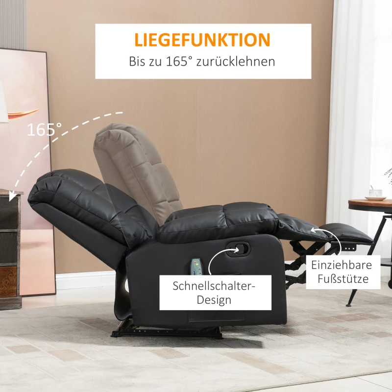 Massagestol, Relaxstol, 8 Vibrationspunkter, Liggfunktion, Konstläder, Svart, 94x99x99cm 7