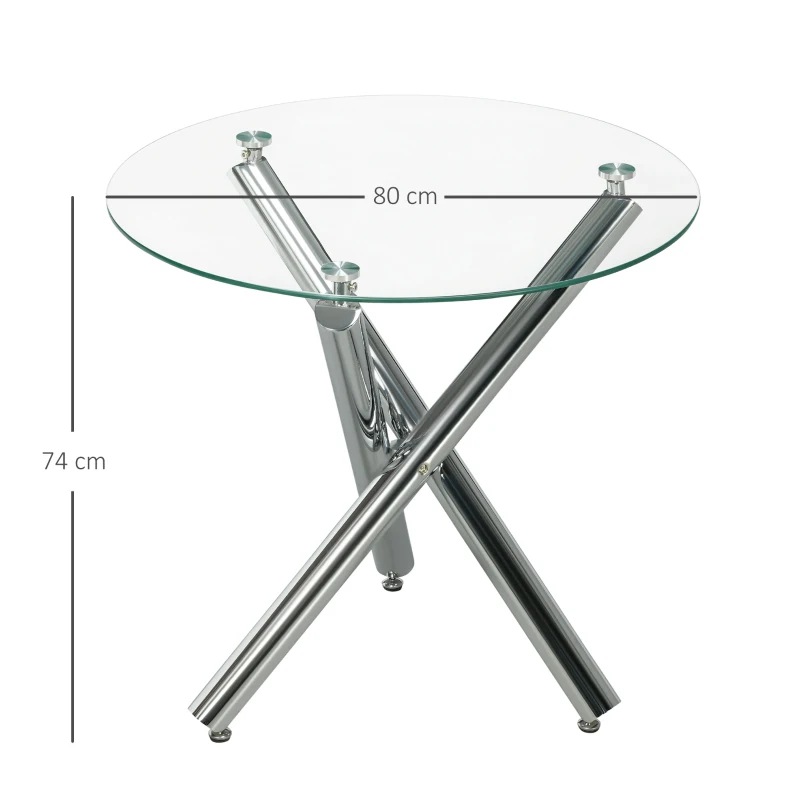 Matbord, Rund Skiva I Härdat Glas, Kantlös Design, För 2-4 Personer, Stålben, 80 X 80 X 74 Cm 3