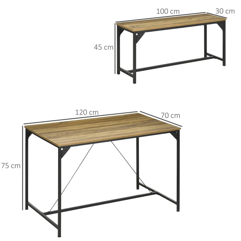 Matgrupp 4 Personer Matbord Med 2 Bänkar, Industriell Design, 120 Cm X 70 Cm X 75 Cm, Svart + Natur 3