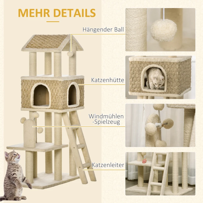 Med Kattgrotta Inklusive Leksak Sisal Plysch Khaki + Beige + Kaffe 5