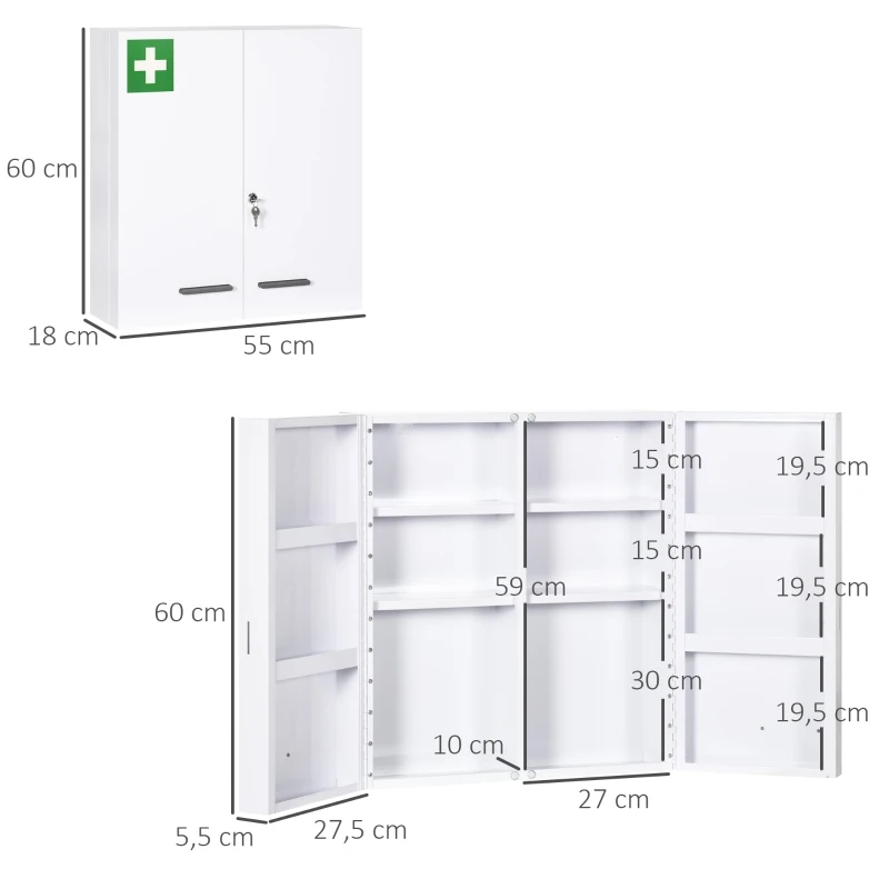 Medicinskåp, 6 Innerfack, Låsbart, 2 Dörrar, Robust Stålhölje, Vit, 55 X 18 X 60 Cm 3