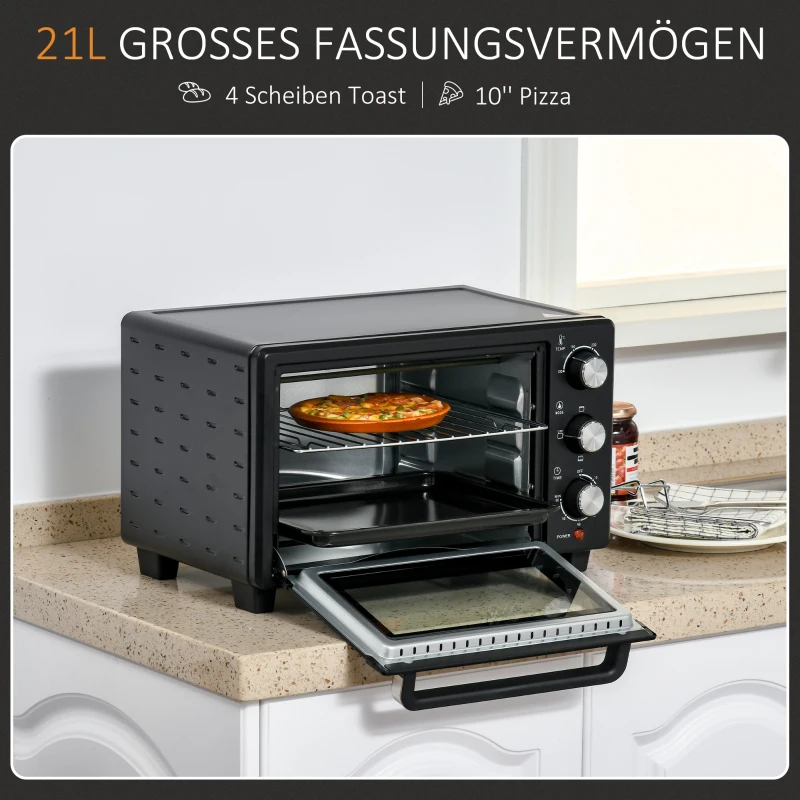 Miniugn 21L Med 1 Galler Och 1 Bakplåt 3 Tillagningslägen 100C-230C Justerbar Temperatur Miniugn 1400W Pizzaugn Med Grillgaller Rostfritt Stål Glas Svart + Silver 4