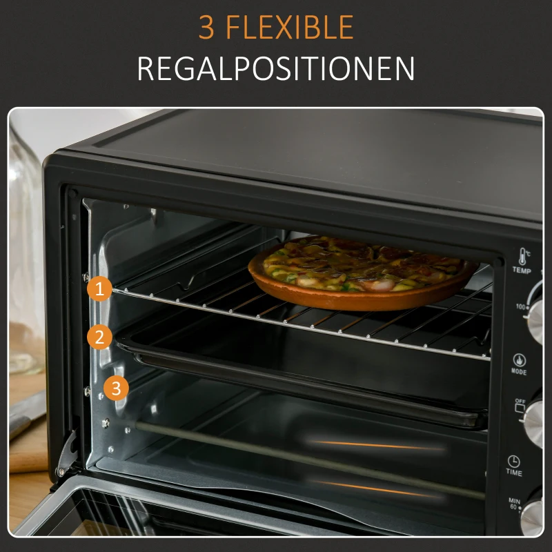 Miniugn 21L Med 1 Galler Och 1 Bakplåt 3 Tillagningslägen 100C-230C Justerbar Temperatur Miniugn 1400W Pizzaugn Med Grillgaller Rostfritt Stål Glas Svart + Silver 5