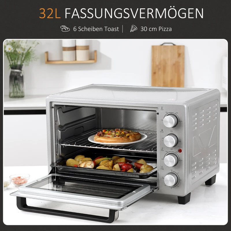 Miniugn 32L 1600W Elektrisk Miniugn Med Slagguppsamlingsbricka Metall Rostfritt Stål Glas Silver 52,2 X 38,1 X 33,5 Cm 4