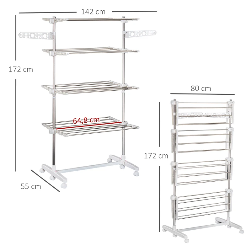 Mobil Tvättställ Med Hjul, 4 Nivåer, Hopfällbar, Rostfri, Rostfri, Vit+silver, 142 X 55 X 172 Cm 3