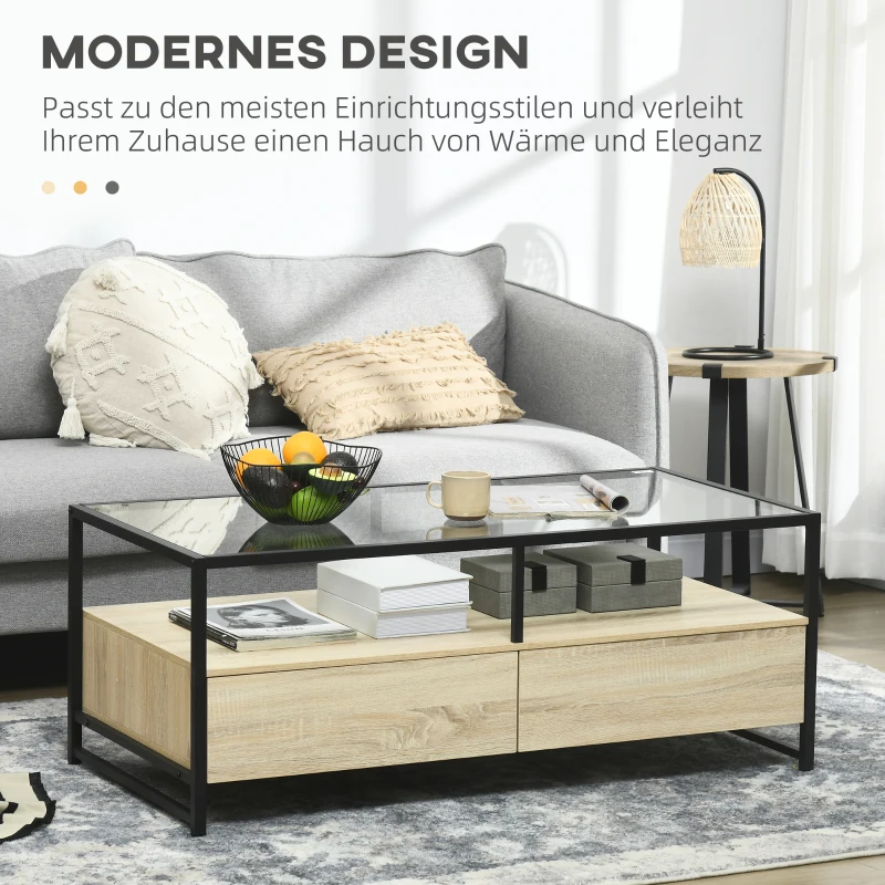 Modern Design Soffbord, 2 Lådor, 2 Hyllor, Sidobord, Natur, Svart 4