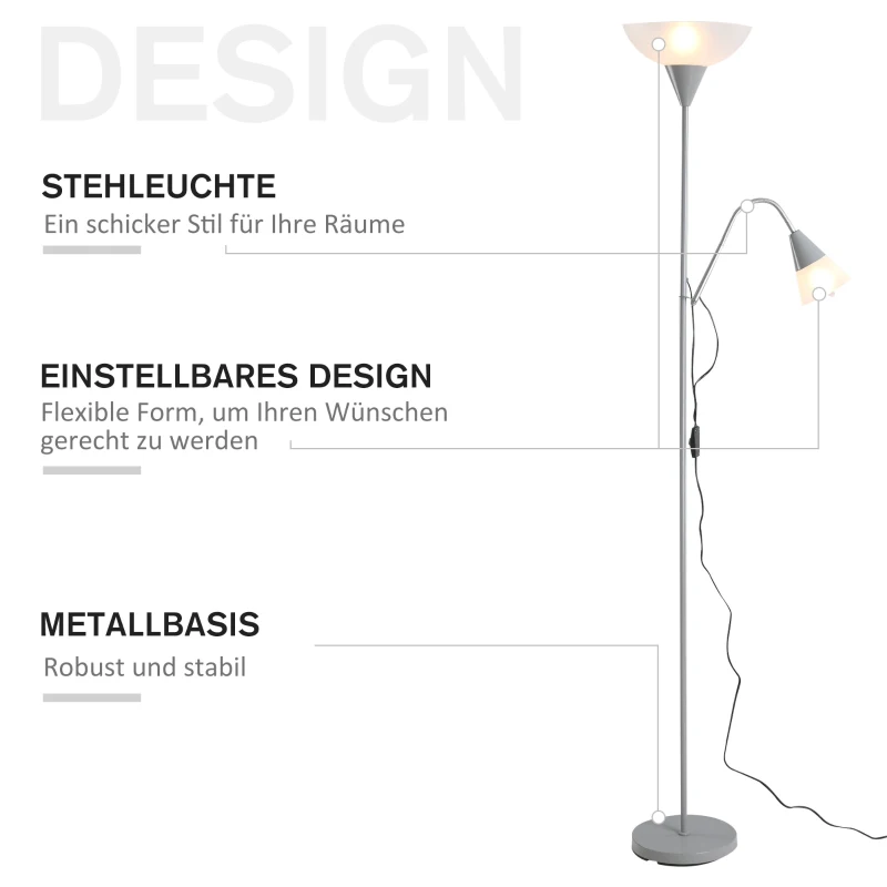 Modern Golvlampa 2 Huvuden, Justerbar Läslampa, Golvlampa, Dubbelhårig Design Med Stålfot, Silver, Vit, 28 X 28 X 179,5 Cm 4