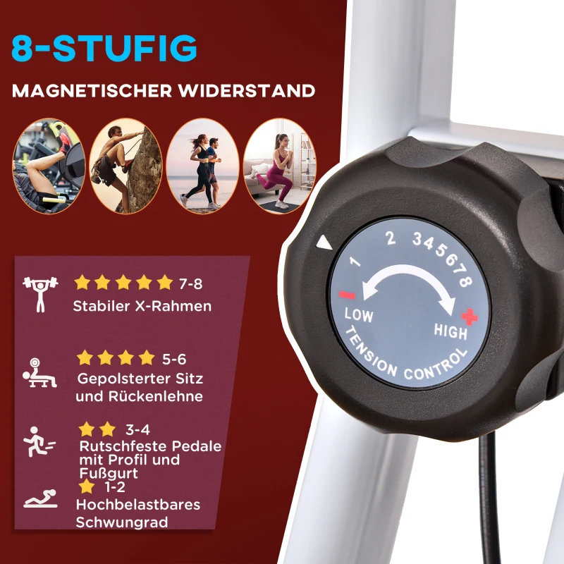 Motionscykel Med Magnetiskt Motstånd, 8 Nivåer, Justerbar I Höjdled, LCD Display, Röd + Vit 5