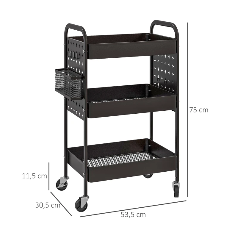 Multifunktionsvagn Köksvagn, 3 Hyllor, 4 Hjul, 53,5 Cm X 30,5 Cm X 75 Cm, Svart 3